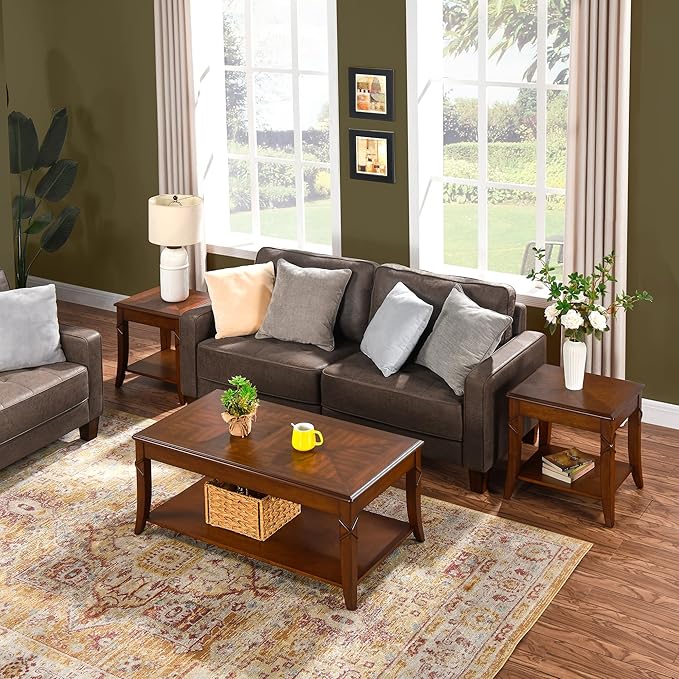 Solid Wood Side Table with Storage Shelf, Cherry Wood End Tables Living Room - Image 3