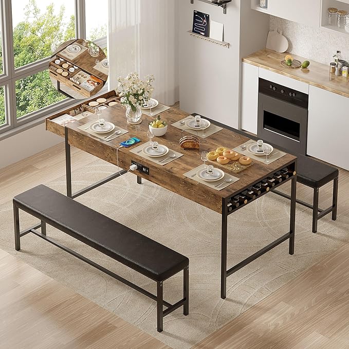 VECELO 65" Dining Table Set for 4-6, 3-Piece Kitchen Set by VECELO