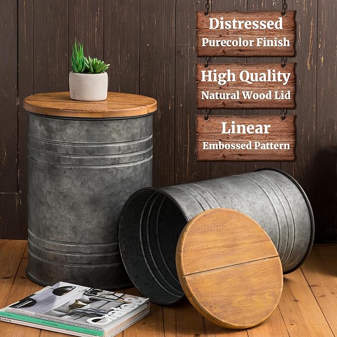 Glitzhome Farmhouse Accent Side Table, Metal Storage Stool Ottoman - Image 3