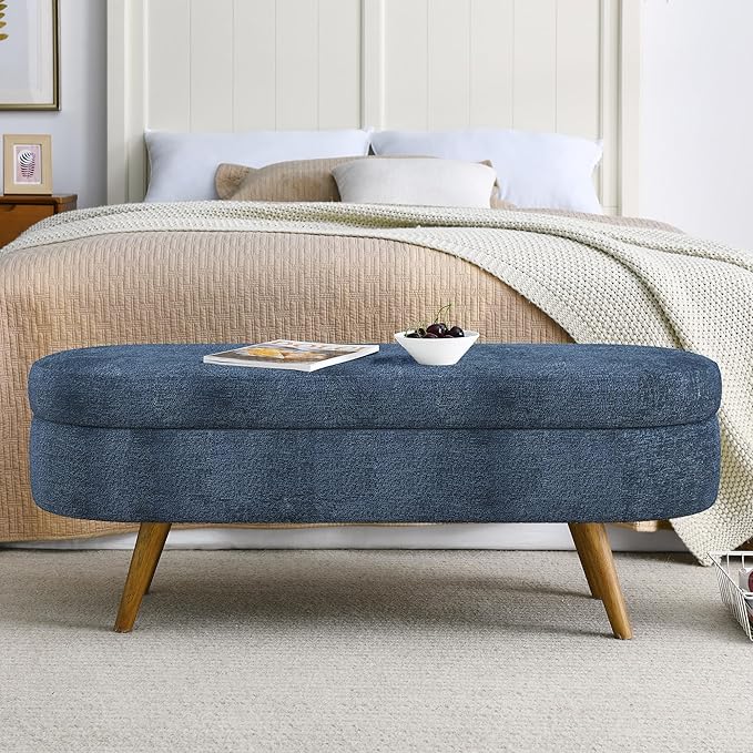 Oval Storage Bench 43.5" Linen Fabric Upholstered Entryway Bench - Image 3