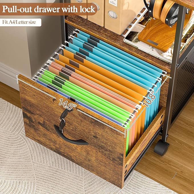 Small Filing Cabinet with Lock, Printer Stand with File Storage, Rolling - Image 5