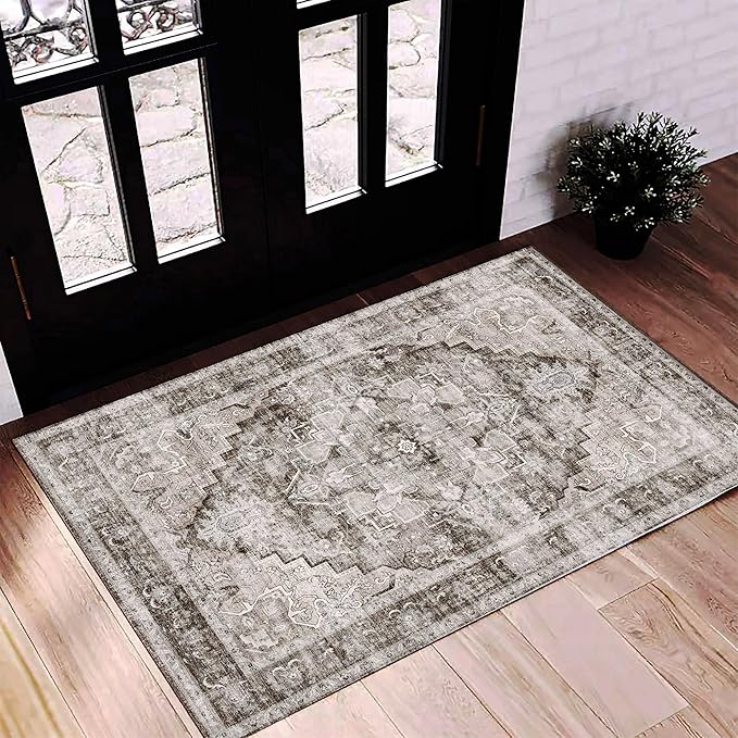 2'x3' Deep Khaki Area Rug Washable Door Mat Vintage Distressed Doormat Indoor by CHAMPLANT