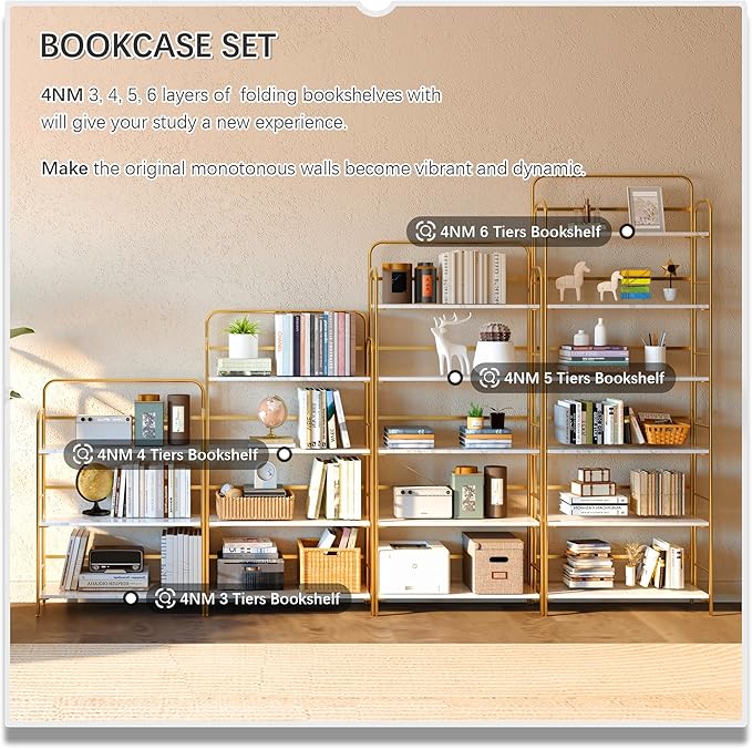 4NM No Assembly Folding Bookshelf 6 Tiers Vintage Industrial Gold Book Shelf - Image 5