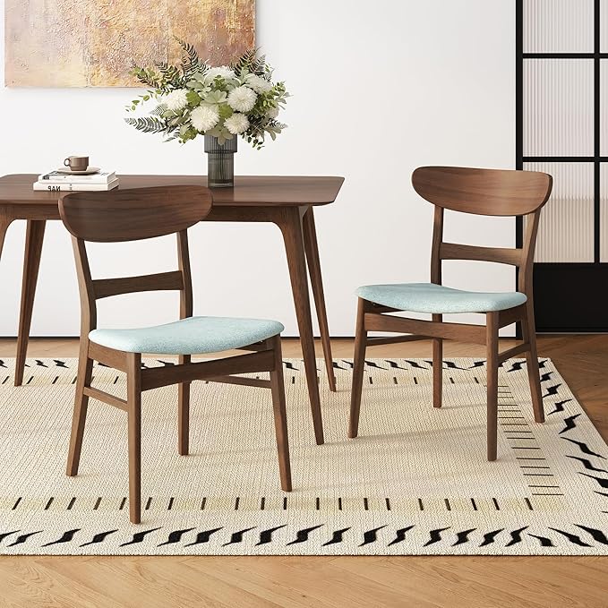 Set of 2 Solid Wood Dining Chairs, Fabric Upholstered Seat Mid-Century Modern - Image 2