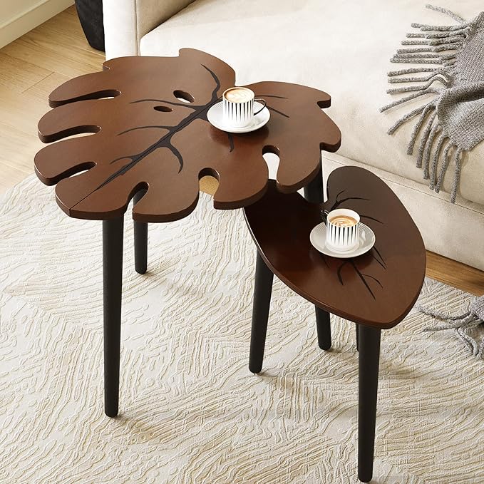 BAMEOS Monstera Leaf Nesting Tables Set of 2, Small Coffee Table Set by BAMEOS