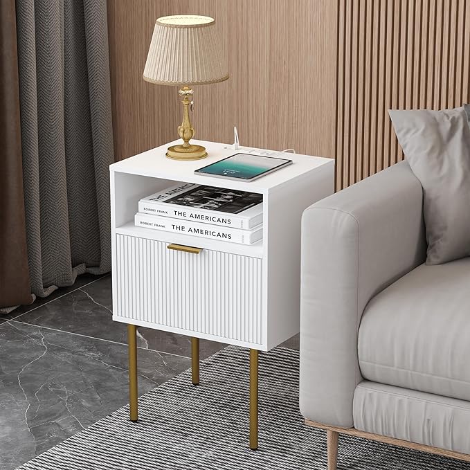 Modern Nightstand with Charging Station and LED Lights, Fluted Side Table - Image 7