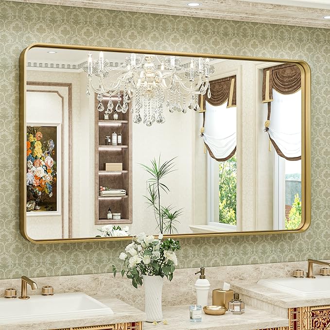 TokeShimi Gold Bathroom Mirror for Wall 48 x 30 Inch Metal Rounded Corner by RefinedBathroomAccessories