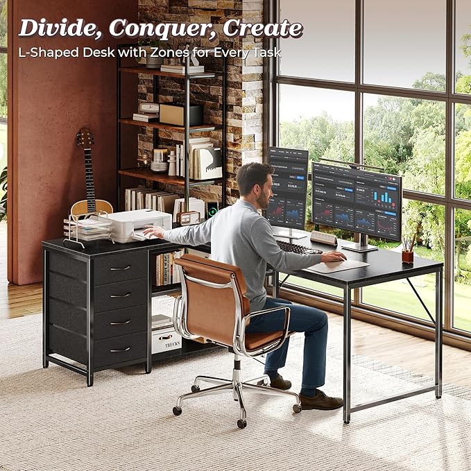 PRAISUN 53" L Shaped Desk with Power Outlets and USB-C Port, Reversible - Image 3