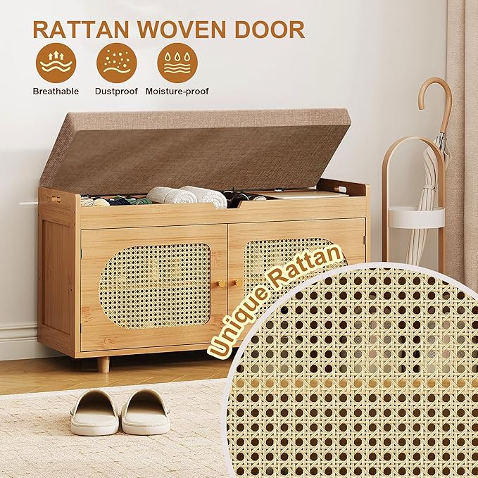 Rattan Shoe Storage Bench, Bamboo Entryway Bench, 2-Tier Shoe Rack, 35.4" W x - Image 7