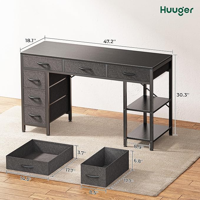 Huuger Computer Desk with 6 Drawers, 47 Inch Office Desk with Shelves, - Image 3