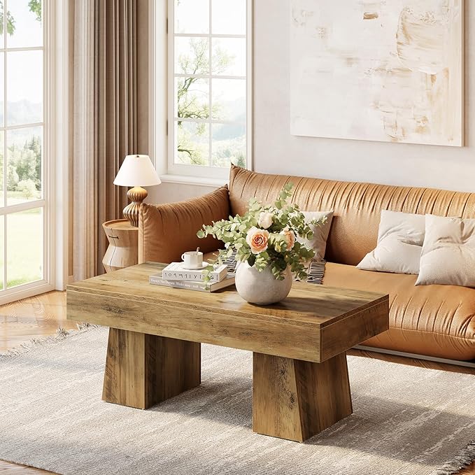 LITTLE TREE Farmhouse Coffee Table, 47 Inches Wooden Rectangular Accent Center - Image 5