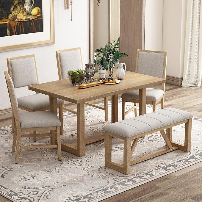 Merax Farmhouse Wood 6-Piece Dining Set, 59.6 inch Rectangular Table, 4 by Merax