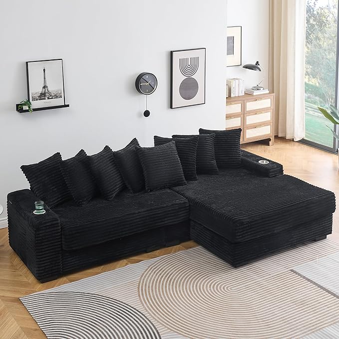 KEIKI 114" Corduroy Sofa with Cup Holders & Storage, L Shaped Sleeper Cloud by Unknown