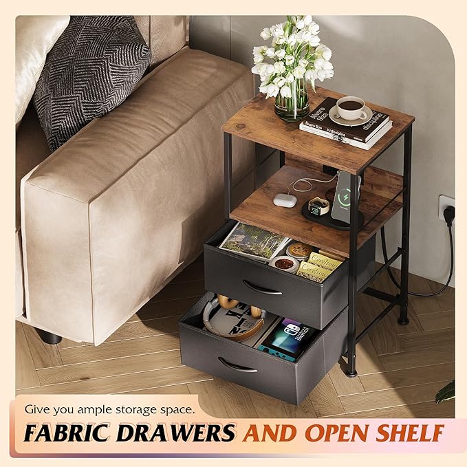 WLIVE Nightstand with Charging Station, LED Night Stand with 2 Fabric Drawers - Image 6