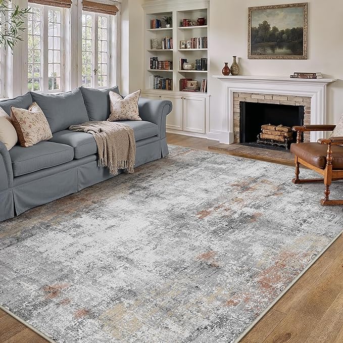 9x12 Washable Area Rug Grey Rust Modern Neutral Abstract Living Room Bedroom - Image 3