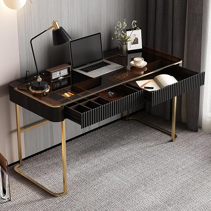 Lartis Modern Office Desk with Drawers, Glass Top Makeup Vanity Without Mirror - Image 3