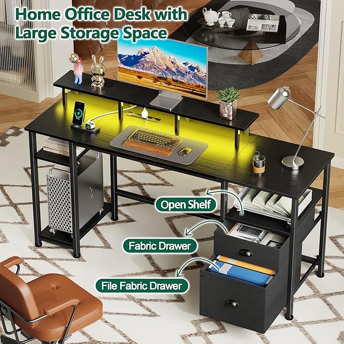 Furologee 61" Gaming Desk with Power Outlets & LED Lights, Reversible Computer - Image 5