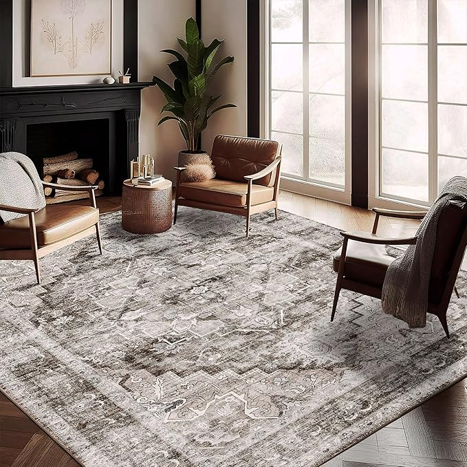 Washable Area Rug 10'x14' Deep Khaki Retro Flowers Boho Design Non-Shedding by CHAMPLANT