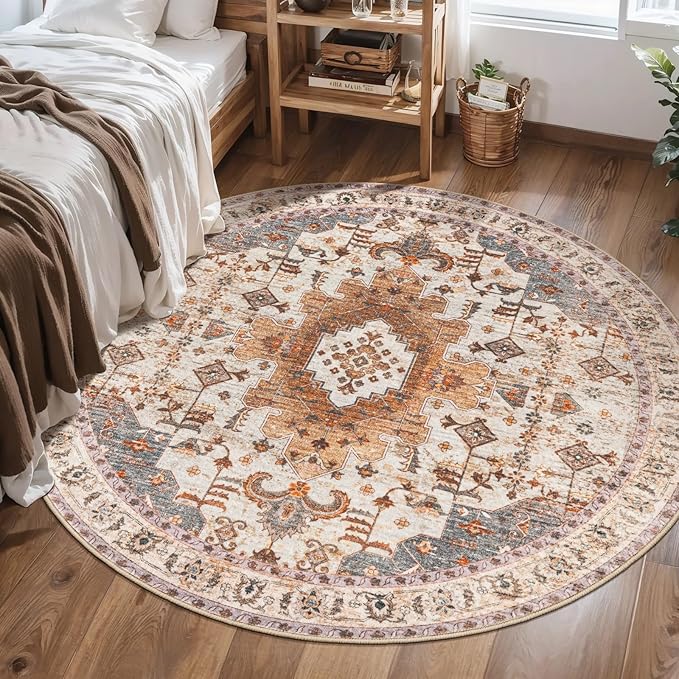 Tangsoo Vintage Round Rug 4ft, Washable Circle Rug, Non Slip Small Boho Round - Image 7