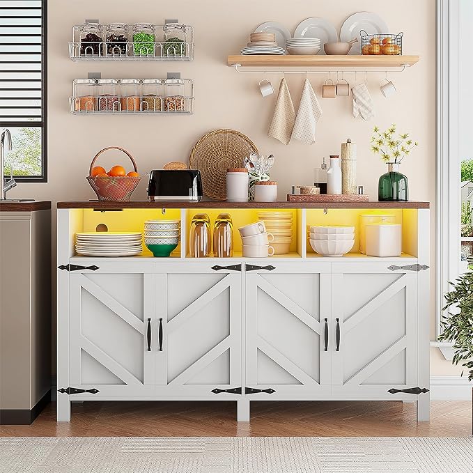 Buffet Sideboard with Storage with Power Outlets & LED Light 4 Doors, Dining - Image 6