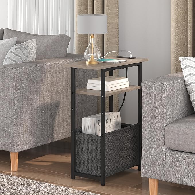 Narrow Side Table with Charging Station Set of 2, Small End Table - Image 2