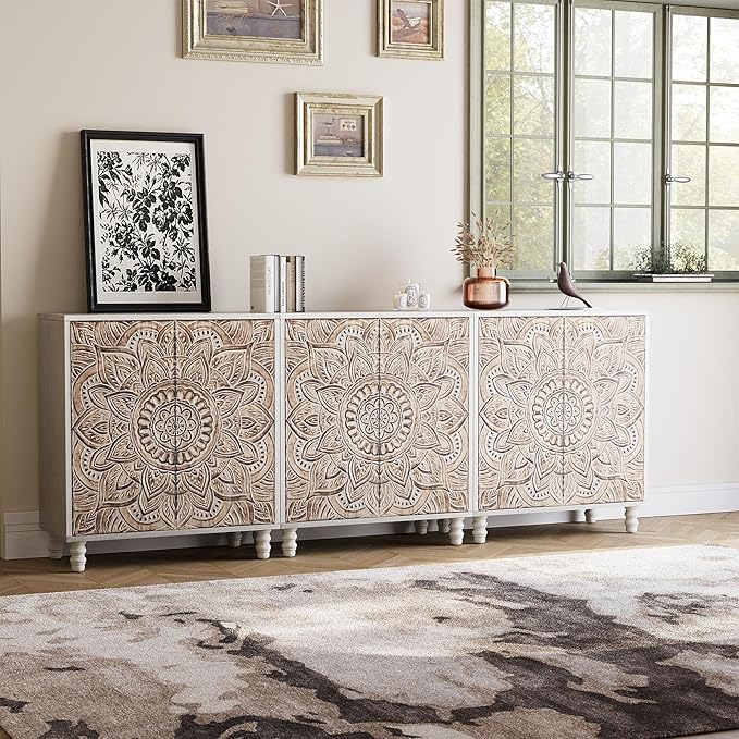 COSIEST Set of 3 32" Accent Storage Cabinets, Vintage Lotus Pattern Sideboards - Image 4