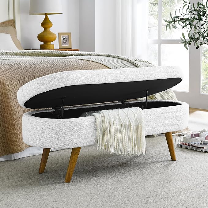 Oval Storage Bench 43.5" Linen Fabric Upholstered Entryway Bench by ECLYLFurniture