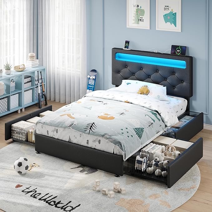 Rolanstar Twin Bed Frame with 4 Storage Drawers and Charging Station, Twin Bed - Image 2