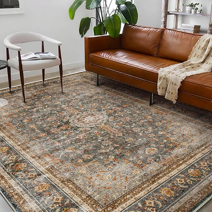 Washable Area Rug 8'x10' Retro Boho Design Non-Shedding Non-Slip Easy Care Ideal by CHAMPLANT