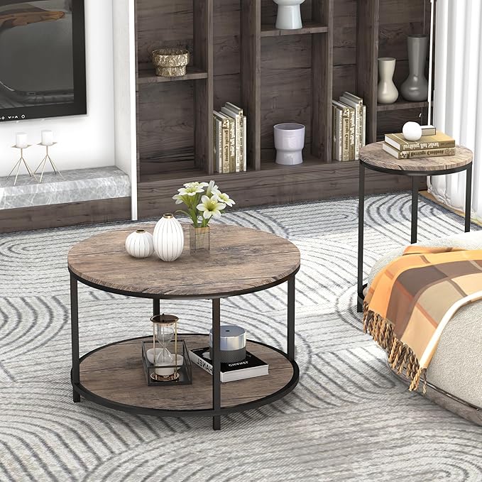 Round Coffee Table, Rustic Wooden Surface Top & Sturdy Metal Legs Industrial - Image 3