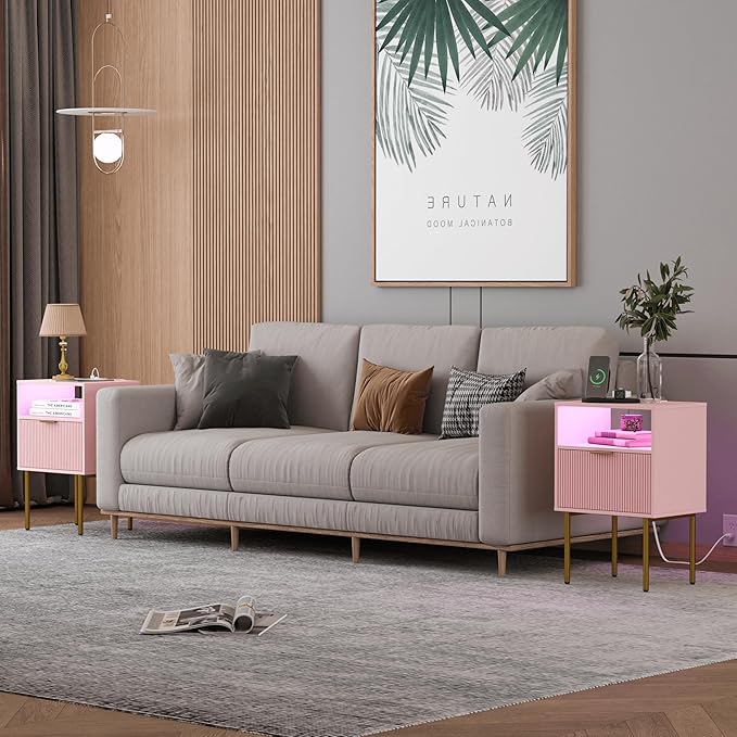 Modern Nightstand with Charging Station and LED Lights, Fluted Side Table - Image 3