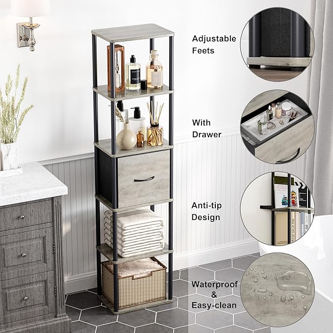 6-Tier Bookshelf with Drawer, Narrow Bookshelves Organizer, Floor Standing - Image 4