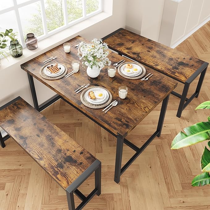Dining Table Set for 4 with 2 Benches, 3-Piece Kitchen Table Set, Space-Saving - Image 4