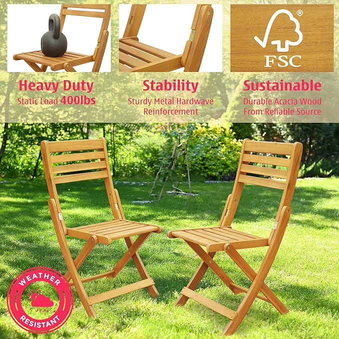 Tranquillo Anya Acacia Wood Folding Chairs Set of 2 – 400lbs Capacity, No - Image 4