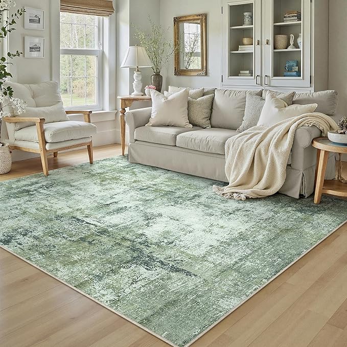 6x9 Washable Area Rug Dark Green Modern Neutral Abstract Living Room Bedroom - Image 3