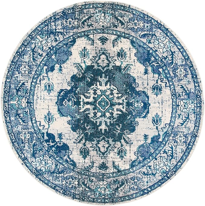 SAFAVIEH Monaco Collection 6'7" Round IvoryBlue MNC243A Boho Chic Medallion - Image 3