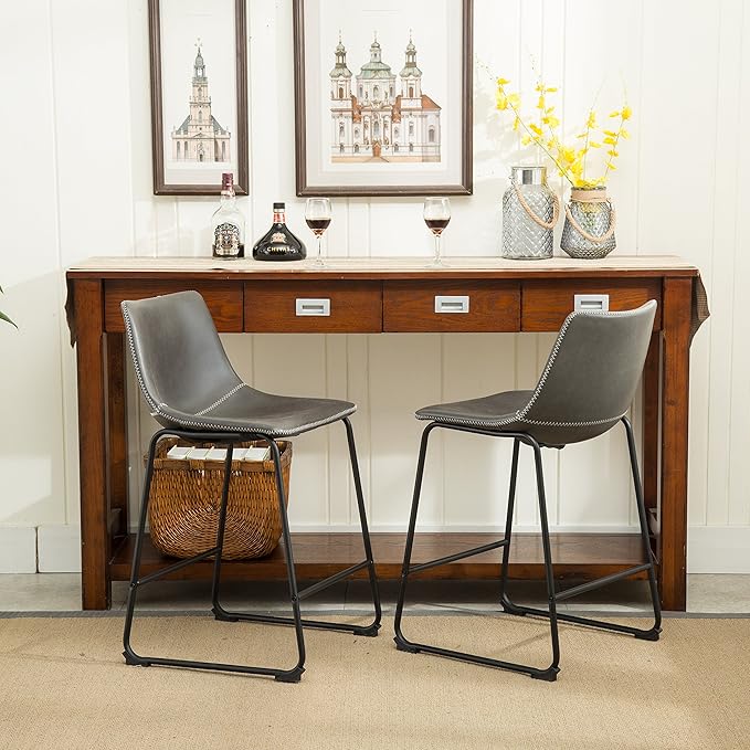 Roundhill Furniture Vintage PU Leather Bar Stools, Antique Gray - Image 3
