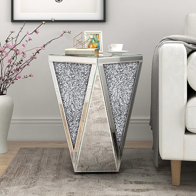 ENENE 19.7" Mirrored End Table Crystal Diamond Setting Coffee Table Silver by ENENE