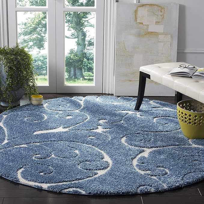 SAFAVIEH Florida Shag Collection 6'7" Round Light Blue/Cream SG455 Scrolling by SAFAVIEH