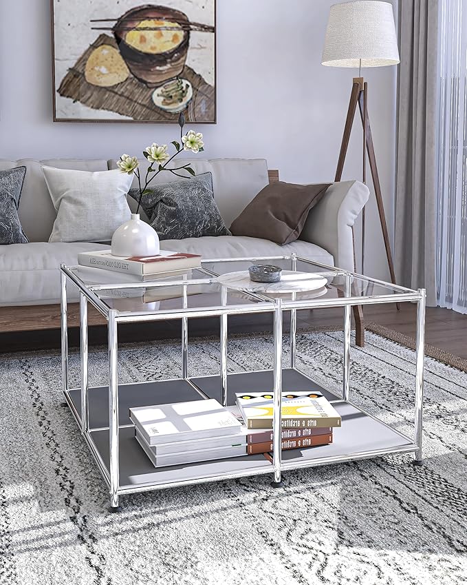 Matte Coffee Table with Open Storage, Square Tempered Glass Storage Rolling - Image 2
