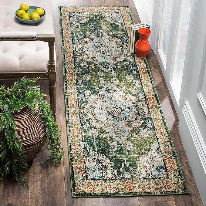 SAFAVIEH Monaco Collection 2'2" x 22' Forest GreenLight Blue MNC243F Boho Chic by SAFAVIEH