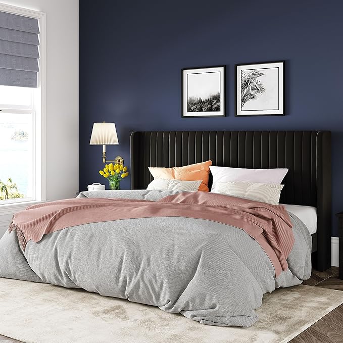 Allewie King Size Velvet Bed Frame/Vertical Channel Tufted Wingback by Allewie
