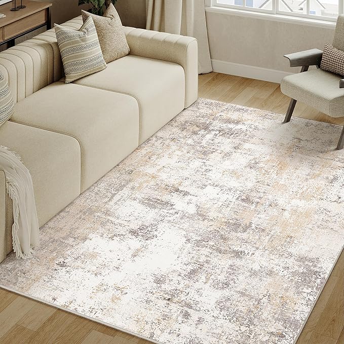 4x6 Washable Area Rug Beige Grey Neutral Abstract Entryway Kitchen Non Slip Low by WondRg
