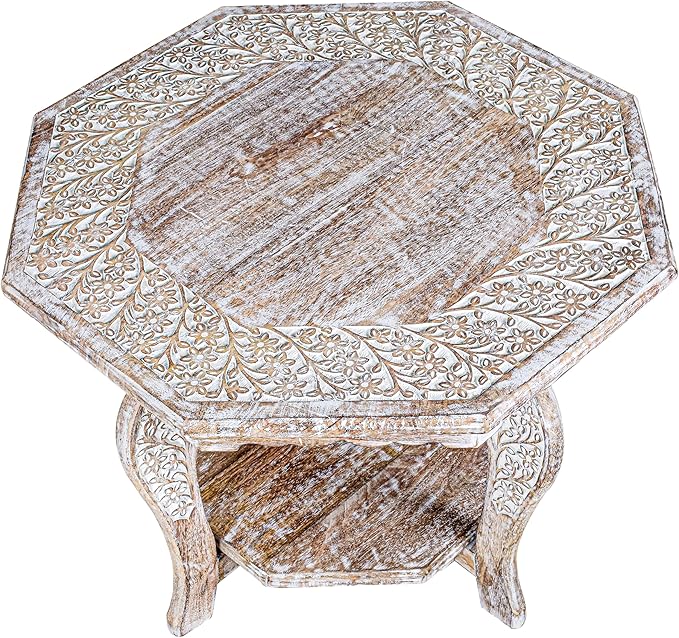 Farmhouse Carved Octagonal End Table – Rustic Accent Side Table - Image 8
