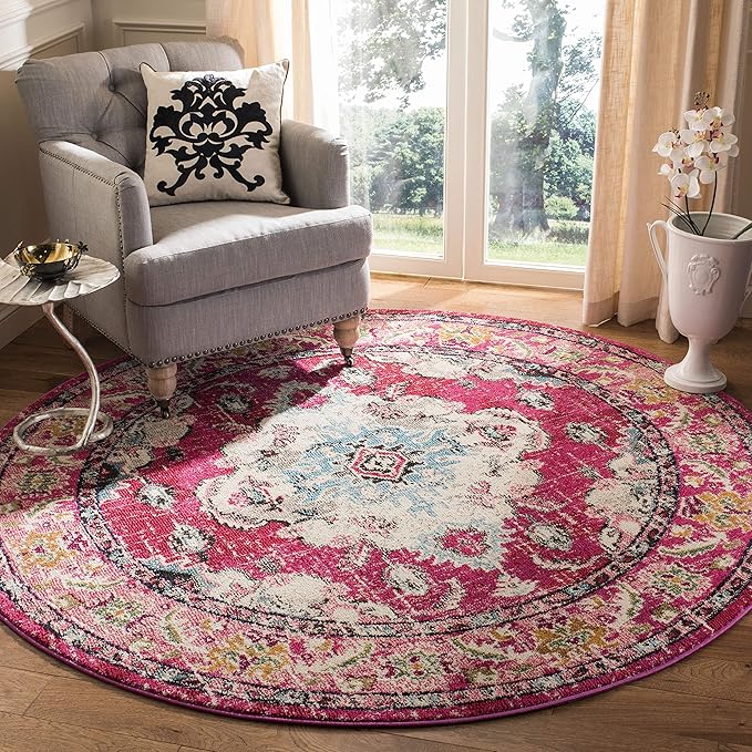 SAFAVIEH Monaco Collection 8' Round PinkMulti MNC243D Boho Chic Medallion by SAFAVIEH