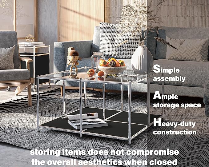 Matte Coffee Table with Open Storage, Square Tempered Glass Storage Rolling - Image 4