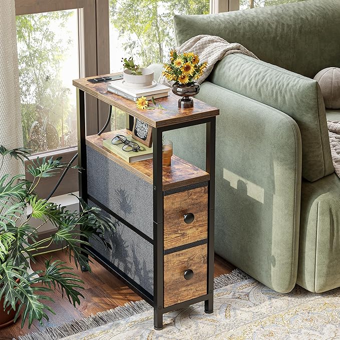 TIQLAB End Table with Charging Station, Narrow Side Table with 2 Fabric Drawers - Image 2
