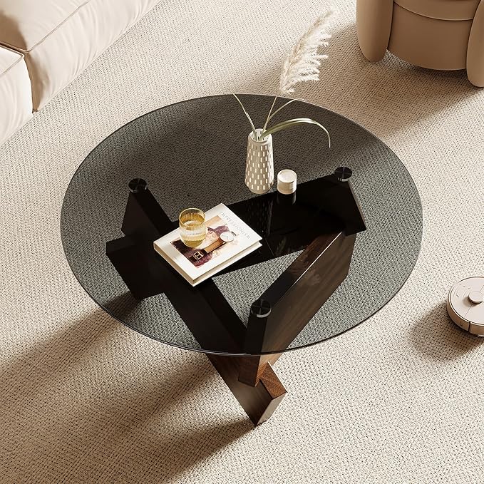 Honyee Morden Rounded Coffee Table, 30.7" x 30.7" x 16.1" Tempered Glass Top - Image 4