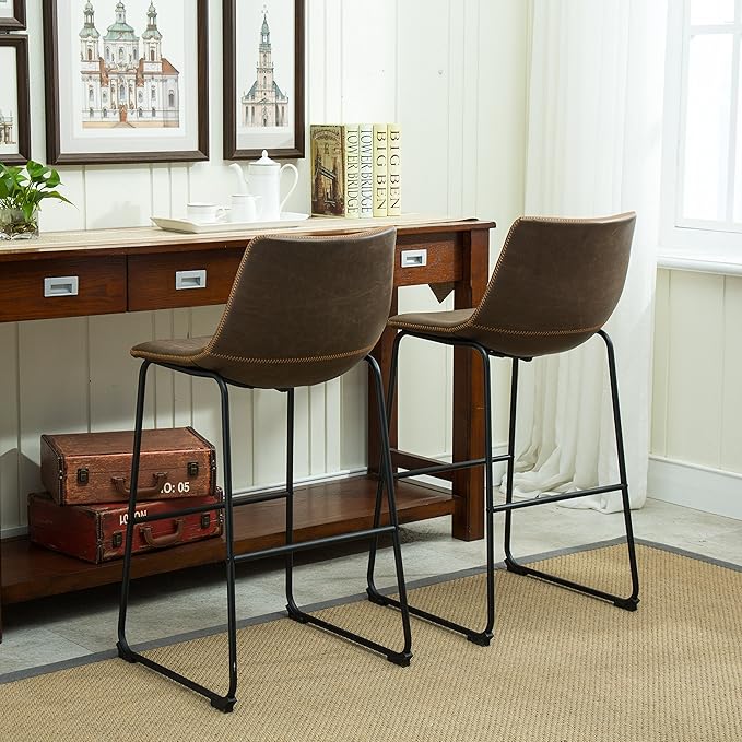Roundhill Furniture Lotusville Vintage PU Leather Barstools, Antique Brown - Image 4