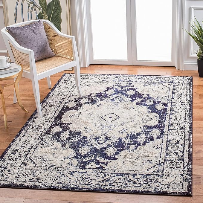 SAFAVIEH Monaco Collection 6'7" x 9'2" IvoryNavy MNC243C Boho Chic Medallion by SAFAVIEH